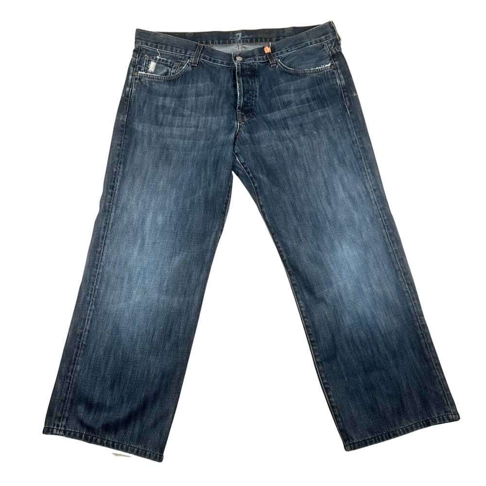 7 For All Mankind Relaxed Fit Men Distressed 38/27 Dark Wash Blue Button Fly USA